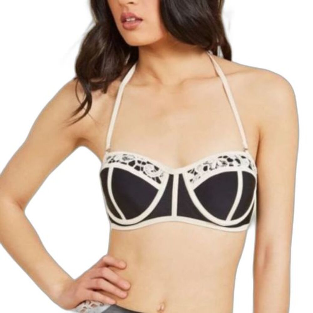 Marilyn Monroe NWT Black Ivory Lace Corset Style Halter Strapless Bikini Top L